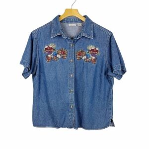 Vintage Cabin Creek Short Sleeve Denim Embroidered Shirt Cat Barn Petite XL